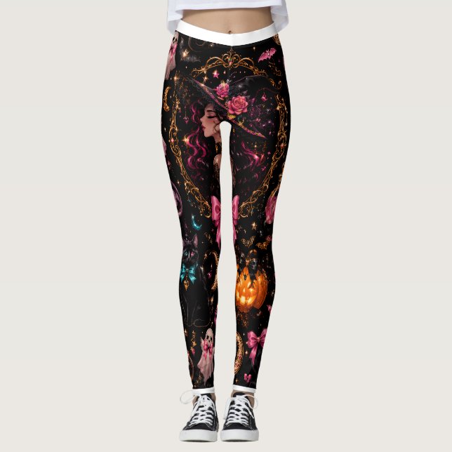 Glossy Coquette Witch Halloween Pattern Leggings (Vorderseite)
