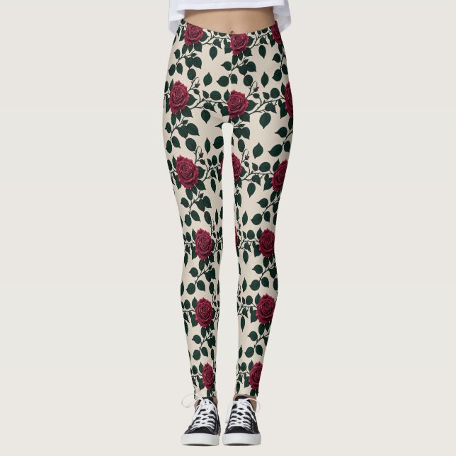 Glossy Crimson Roses With Dark Green Leaves Leggings (Vorderseite)