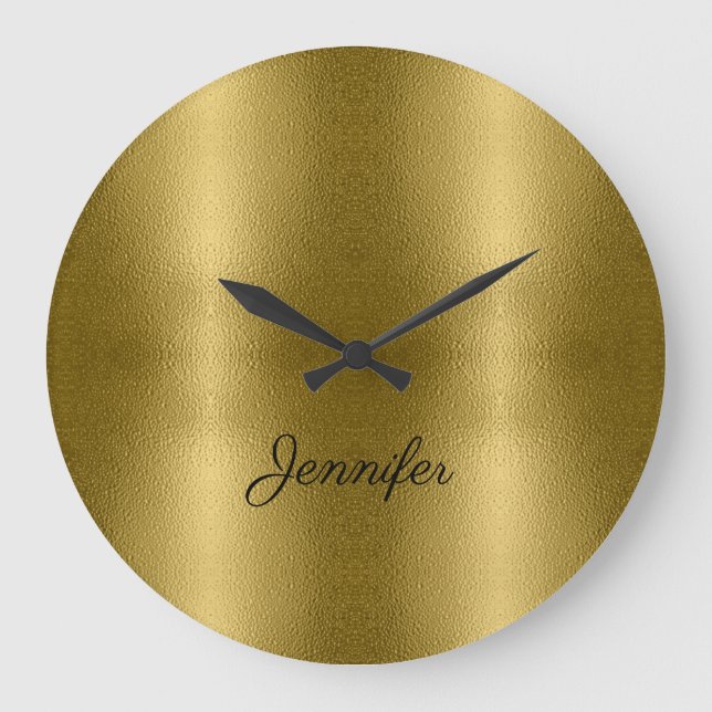 Glossy Gold Metal Textur Name Personalisiert Große Wanduhr (Vorderseite)