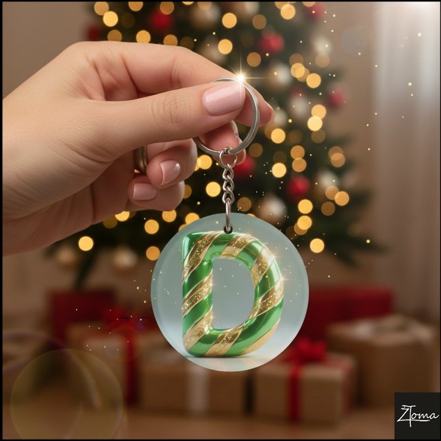 Glossy Green Gold Glitter Striped Letter D Schlüsselanhänger (Von Creator hochgeladen)