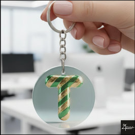 Glossy Green Gold Glitter Striped Letter T Schlüsselanhänger