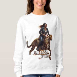Glossy Image of Confident Woman Riding a Cheetah Sweatshirt