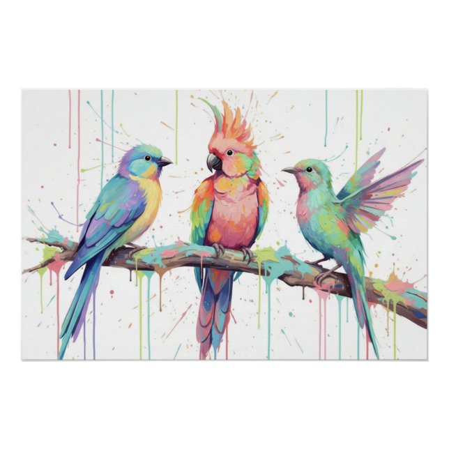 Glossy Poster of three pastel coloured birds (Vorderseite)