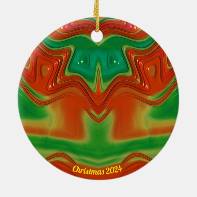 Glossy Red, Yellow und Green Christmas 2024 Keramik Ornament (Hinten)