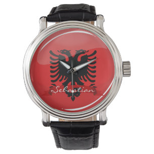 Glossy Round albanische Flagge Armbanduhr