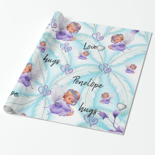 Glossy Wrapping Paper, Angel Blue Feathers Hearts Geschenkpapier