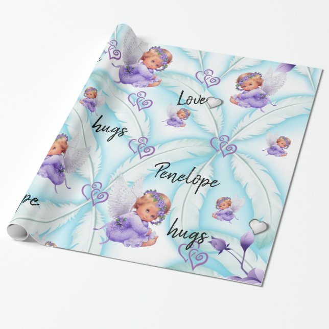 Glossy Wrapping Paper, Angel Blue Feathers Hearts Geschenkpapier (Ungerollt)