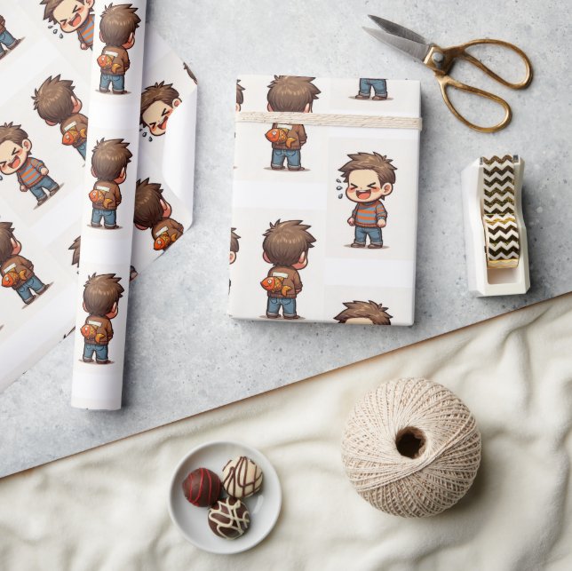Glossy Wrapping Paper April Fool's Day Fishing Boy Geschenkpapier (Kunsthandwerk)