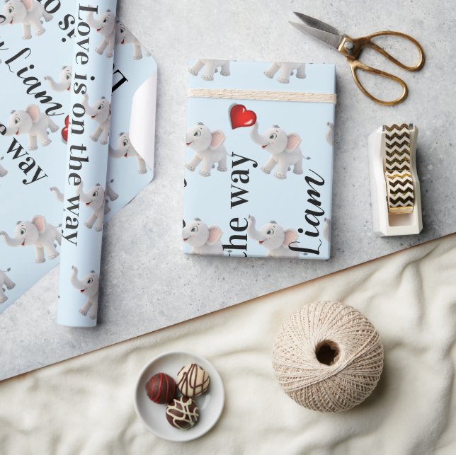 Glossy Wrapping Paper Blue Elephant Red Hearts  Geschenkpapier (Kunsthandwerk)