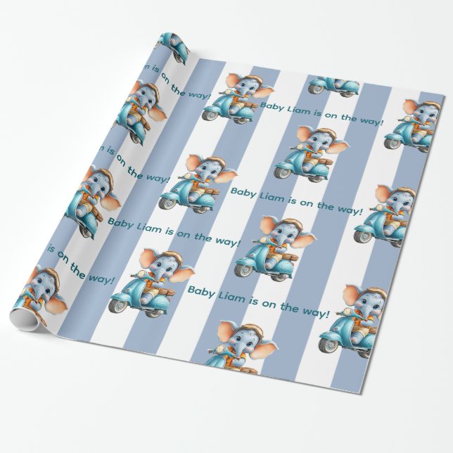 Glossy Wrapping Paper Blue & White Stripe Elephant Geschenkpapier (Ungerollt)