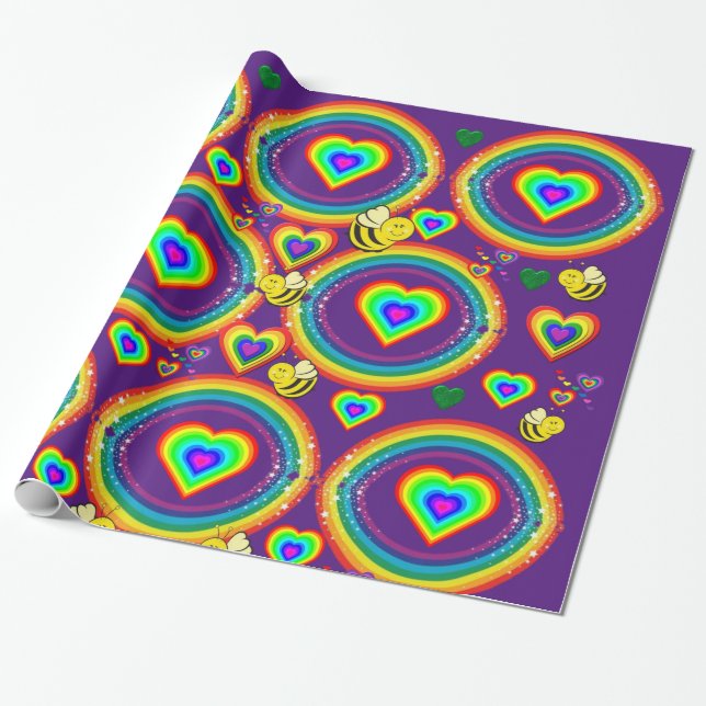 Glossy Wrapping Paper, Bumblebee Rainbows Hearts Geschenkpapier (Ungerollt)