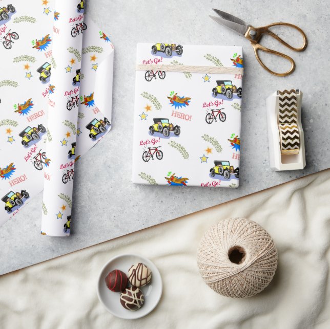 Glossy Wrapping Paper Hero Bicycle Car Flugzeug Geschenkpapier (Kunsthandwerk)
