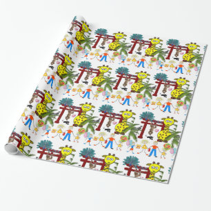 Glossy Wrapping Paper, Zoo Monkey Giraffe Geschenkpapier