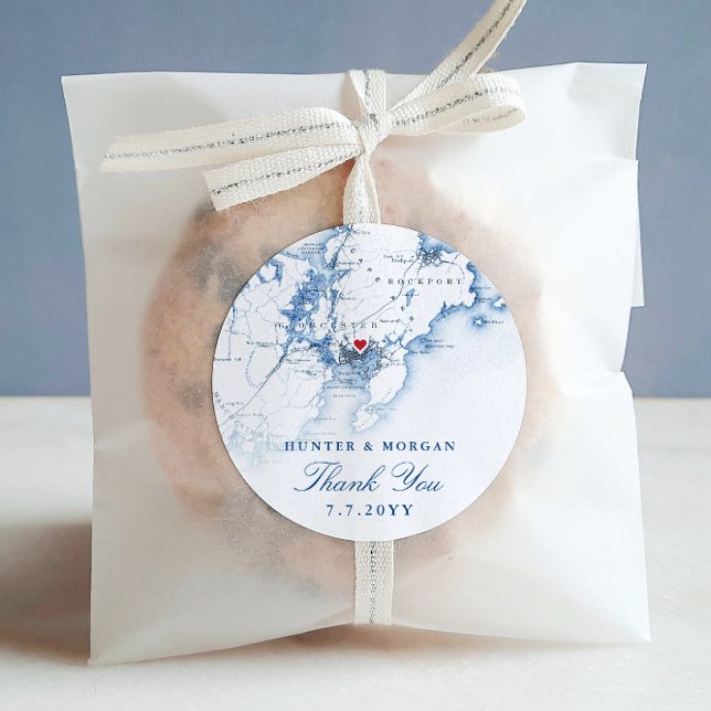 Gloucester Cape Ann Elegant Navy Gastgeschenk Hoch Runder Aufkleber (These Gloucester MA map round sticker labels are perfect for your wedding favors)