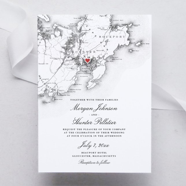 Gloucester Cape Ann Elegant Schwarz-weiß Wedding Einladung (Gloucester Massachusetts elegant black and white map wedding invitation)