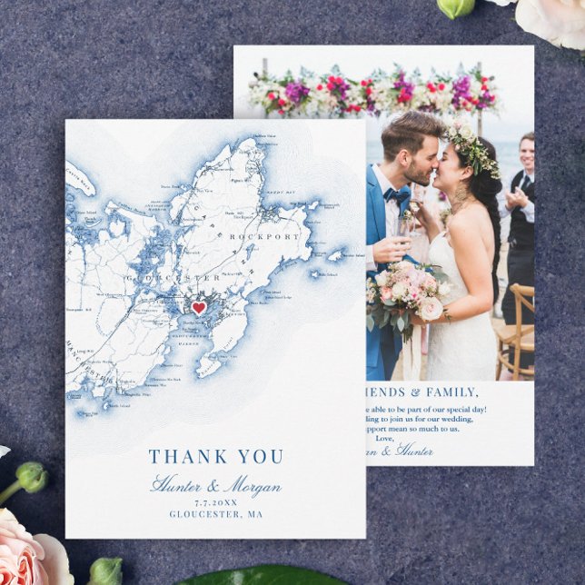 Gloucester Cape Ann MA Wedding Flat Dankeskarte (These Gloucester, MA map thank you cards are perfect for your Cape Ann destination wedding)