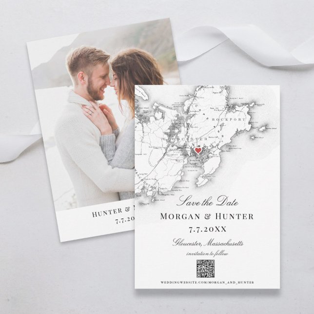 Gloucester Cape Ann Save the Date Eleganter QR-Cod (Black and White Gloucester map save the dates with elegant QR code)