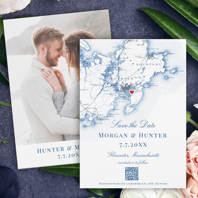 Gloucester Cape Ann Save the Date Eleganter QR-Cod (These Gloucester, MA map save the dates feature a QR code, and are perfect for destination weddings)