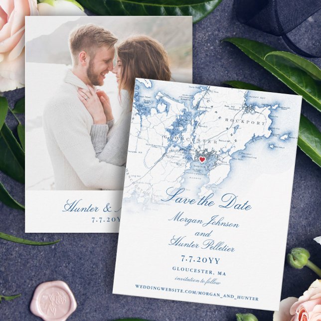 Gloucester MA Elegant Navy Wedding Save The Date (These Gloucester, MA map save the dates are perfect for your destination wedding to Cape Ann)