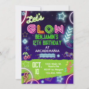 GLOW Birthday Gaming Arcade Party Glow Neon 80er Einladung