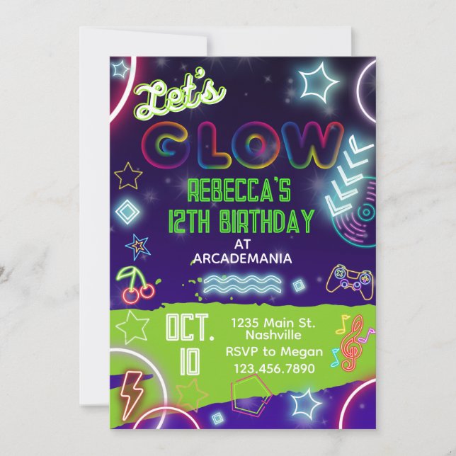 GLOW Birthday Gaming Arcade Party Glow Neon Tiedye Einladung (Vorderseite)