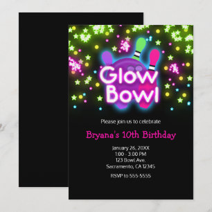 Glow Bowl Bowling Neon Stars Geburtstagspartei Einladung