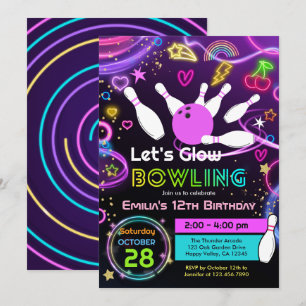 Glow Bowling Mädchen Geburtstagsfeier Neon Pink Einladung
