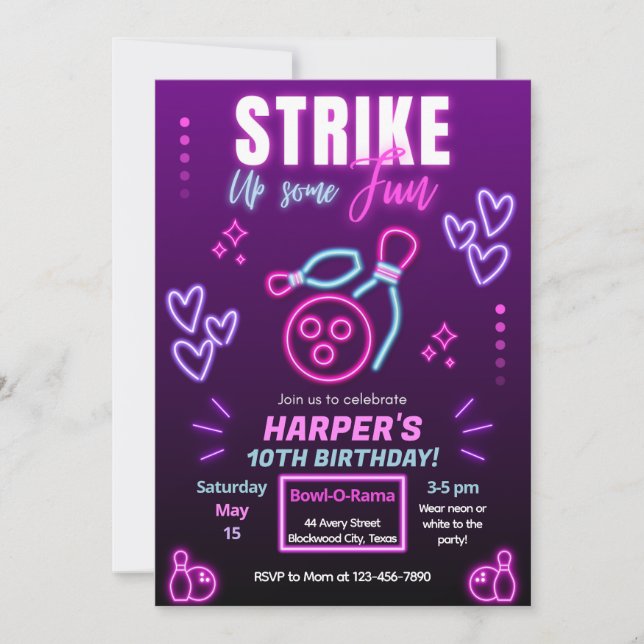 Glow Bowling Party Geburtstagsparty Einladung (Vorderseite)