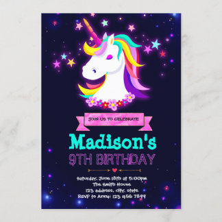 Glow Einhorn Themenparty Einladung