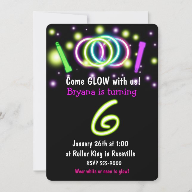 GLOW Lights 6th Birthday Party Age 6 Einladung (Vorderseite)