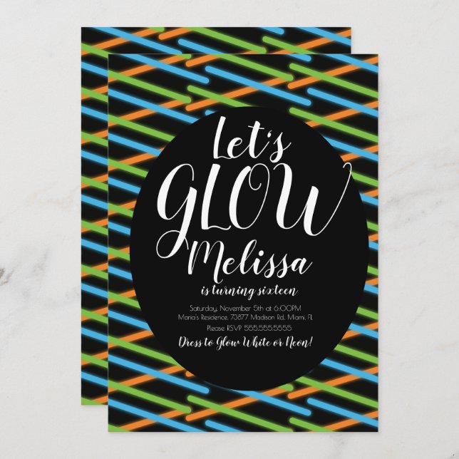 Glow Lines Birthday Confetti Neon glühen in Dunkel Einladung (Vorne/Hinten)