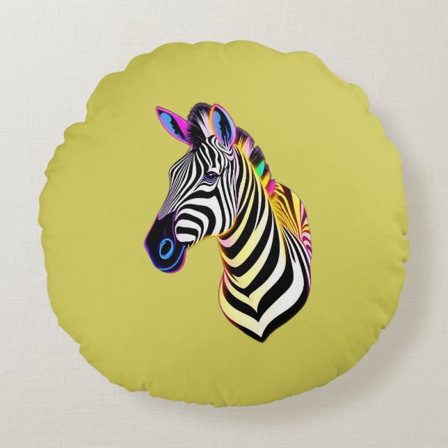 Glow Neon Zebra Rundes Kissen (Vorderseite)