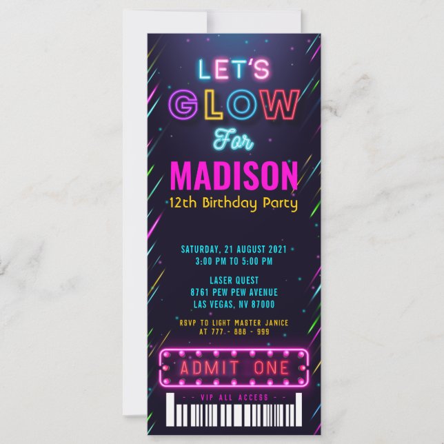 Glow Party Ticket Pass Geburtstag Einladung (Vorderseite)