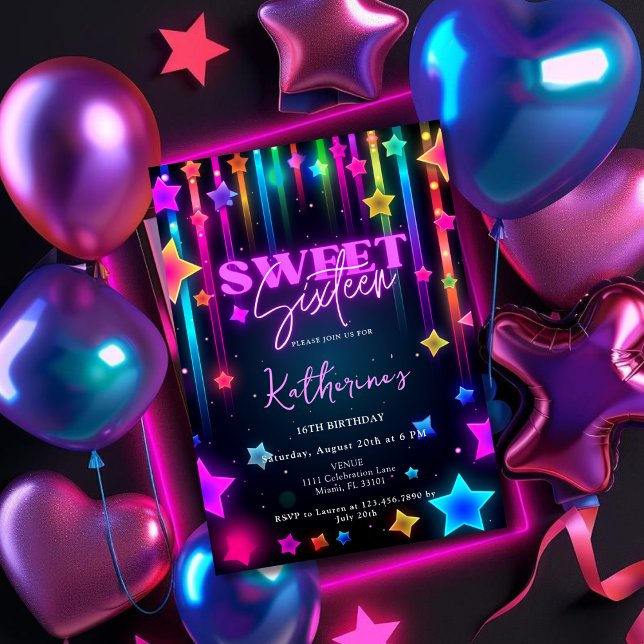 Glow Sweet 16 Sechzehn Retro 80er Neon Bright Einladung (Glow Sweet 16 Sixteen Retro 80s Neon Bright Invitation)