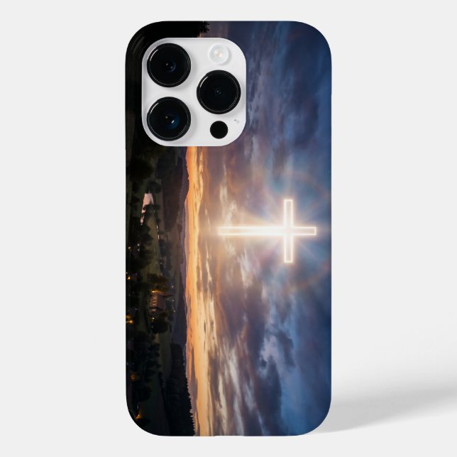 Glowing Christian Cross Sunset Sky iPhone Case (Rückseite)