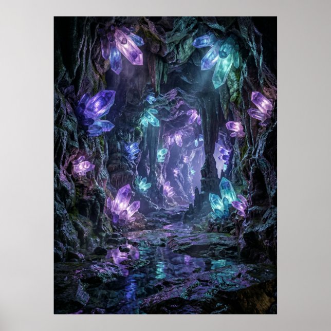Glowing Crystal Cave Fantasy Art Poster (Vorne)