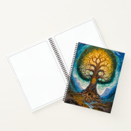 Glowing Gold Blue Yggdrasil Fantasy Tree Art Notizbuch