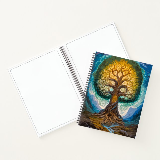 Glowing Gold Blue Yggdrasil Fantasy Tree Art Notizbuch (Innenseite)