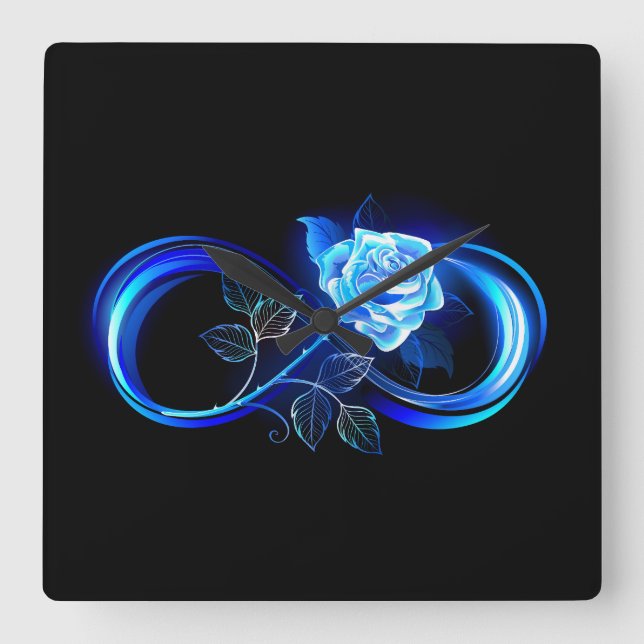 Glowing infinity with blue rose quadratische wanduhr (Vorderseite)