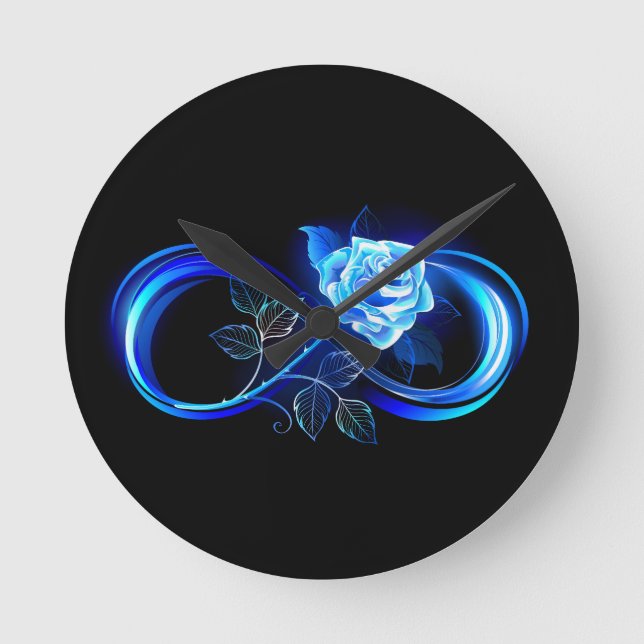 Glowing infinity with blue rose runde wanduhr (Vorderseite)