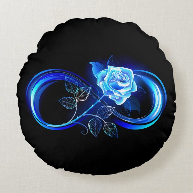 Glowing infinity with blue rose rundes kissen (Vorderseite)
