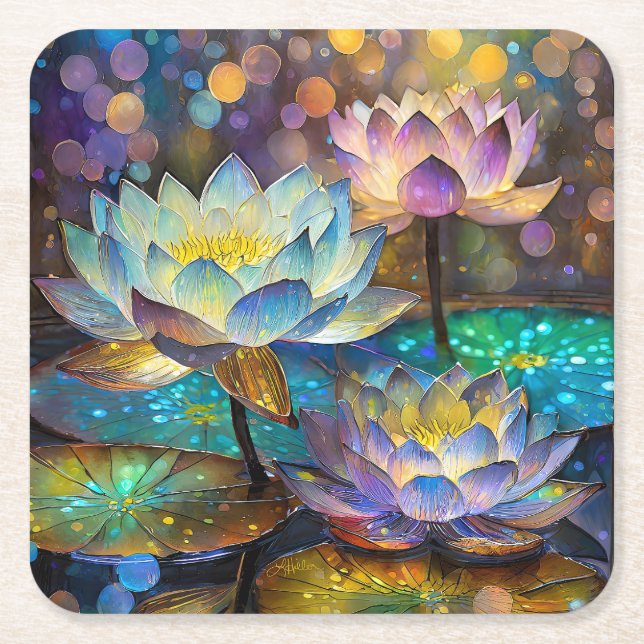 Glowing Lotus Flowers Trio Rechteckiger Pappuntersetzer (Vorderseite)