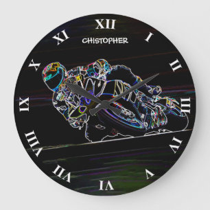 Glowing Motorcycle Rider Circle Racing Sketch Große Wanduhr