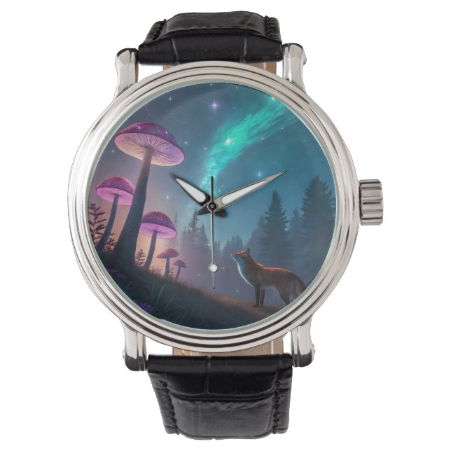 Glowing Mushroom Forest Fox Fantasy Art Armbanduhr (Vorderseite)
