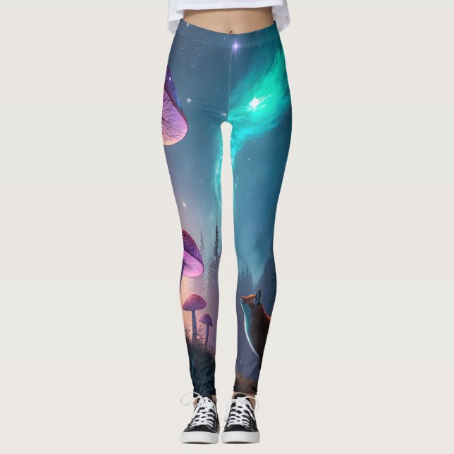 Glowing Mushroom Forest Fox Fantasy Art Leggings (Vorderseite)