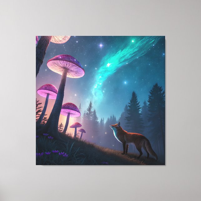 Glowing Mushroom Forest Fox Fantasy Art Leinwanddruck (Vorderseite)