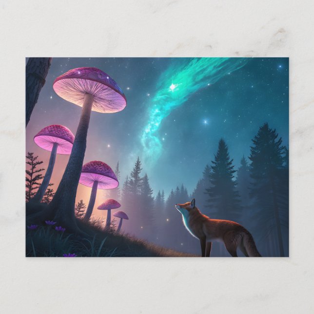 Glowing Mushroom Forest Fox Fantasy Art Postkarte (Vorderseite)