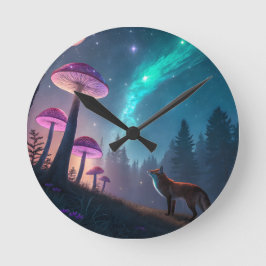 Glowing Mushroom Forest Fox Fantasy Art Runde Wanduhr