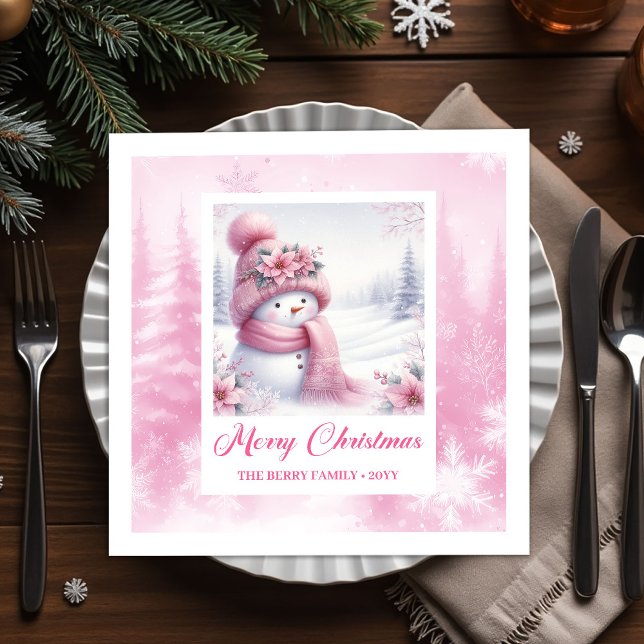 Glowing Pink Snowman Winter Forest Christmas  Serviette (Glowing Pink Snowman Winter Forest Christmas Napkins Kids)