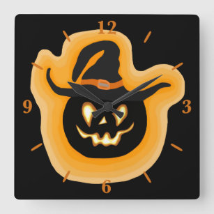 Glowing Pumpkin Witch On Black Square Wall Clock Quadratische Wanduhr